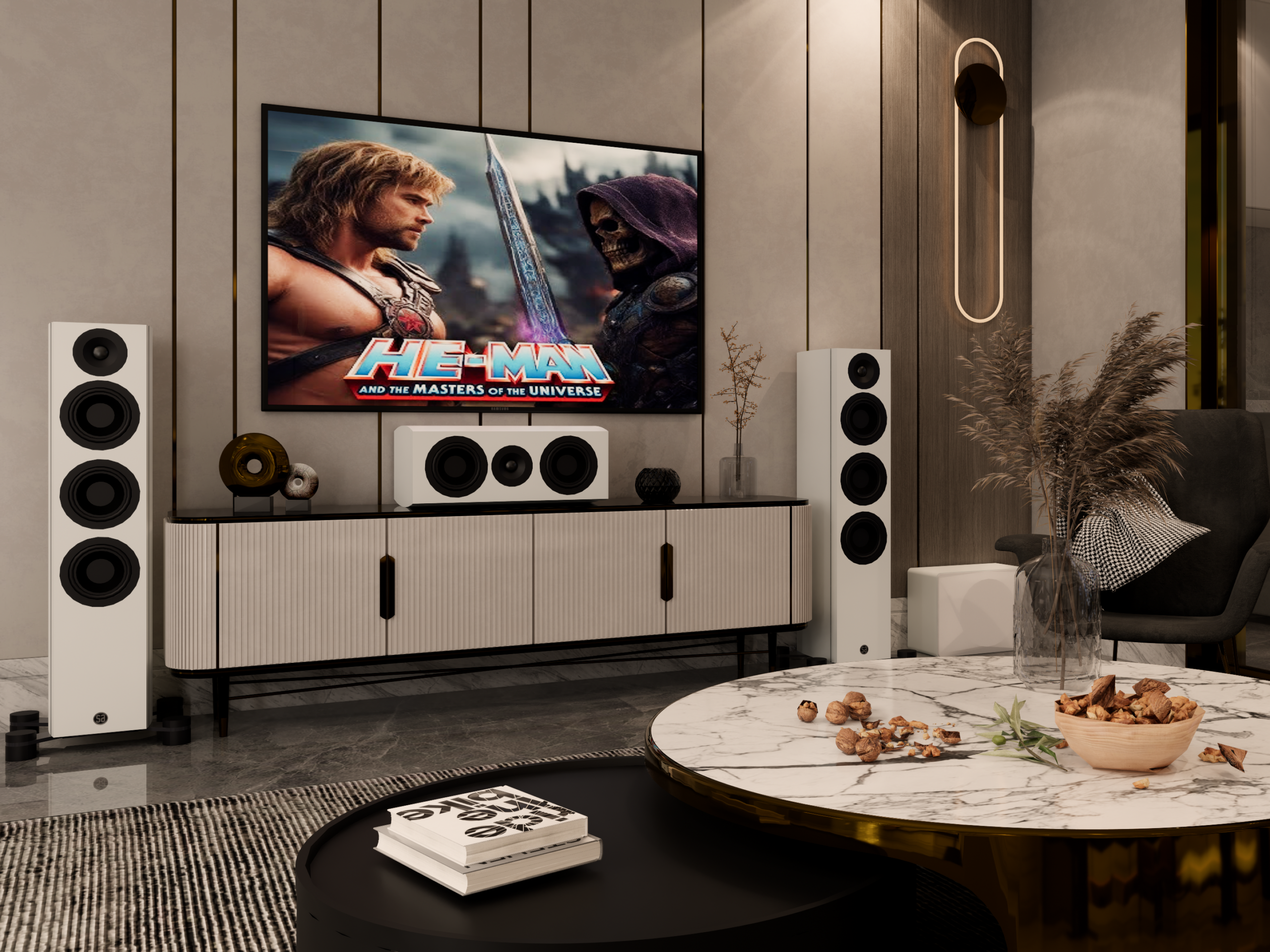 Phòng xem phim Home Cinema với hệ thống loa đứng và màn hình lớn